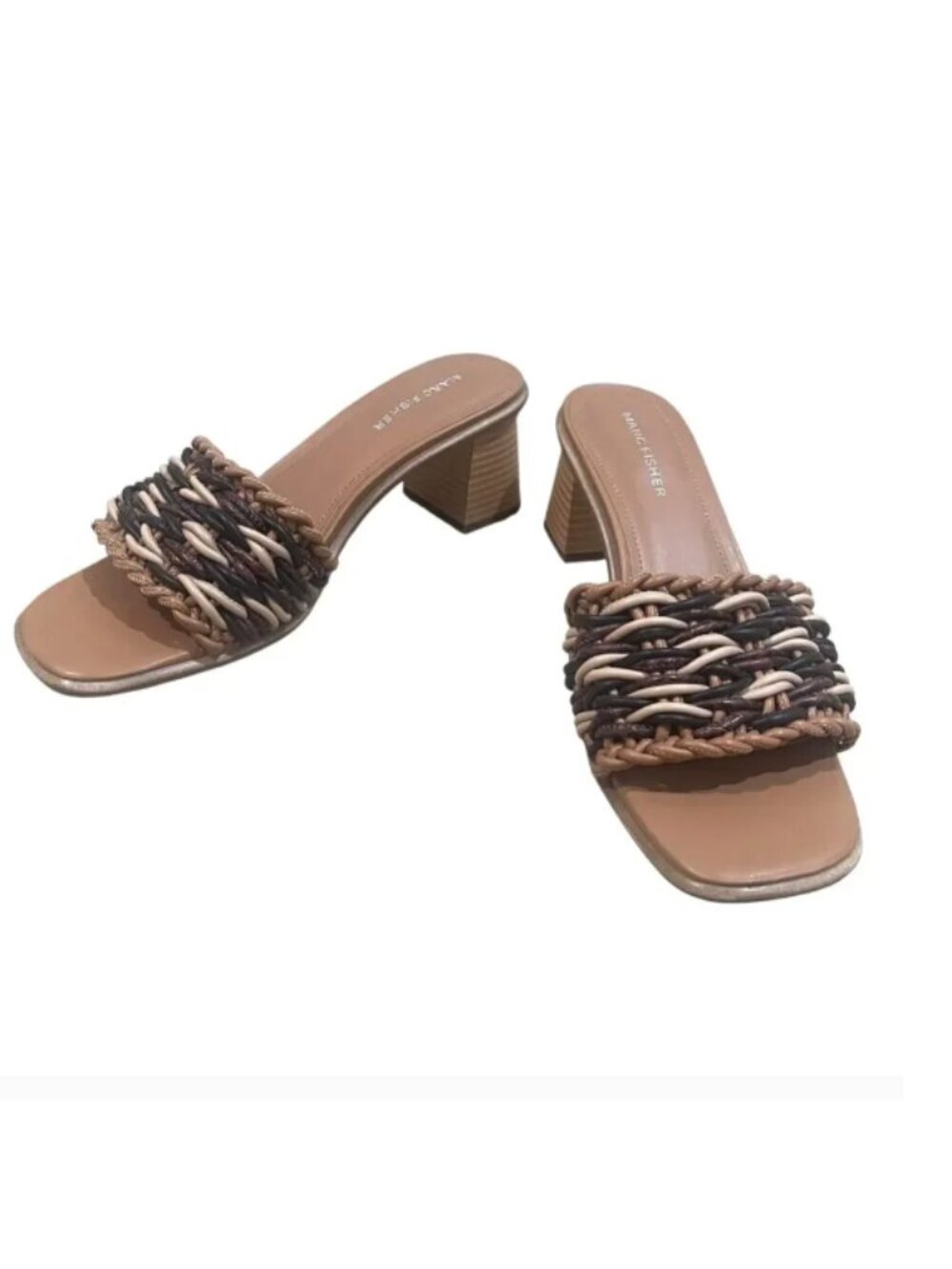 Marc Fisher Shoes Womens Size 8M Brown Alane Woven Block Heel Slide Sandals